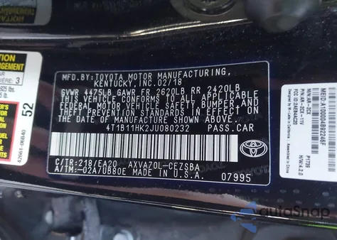 2018 Toyota Camry Se z USA, uszkodzony, nr VIN 4T1B11HK2JU080232